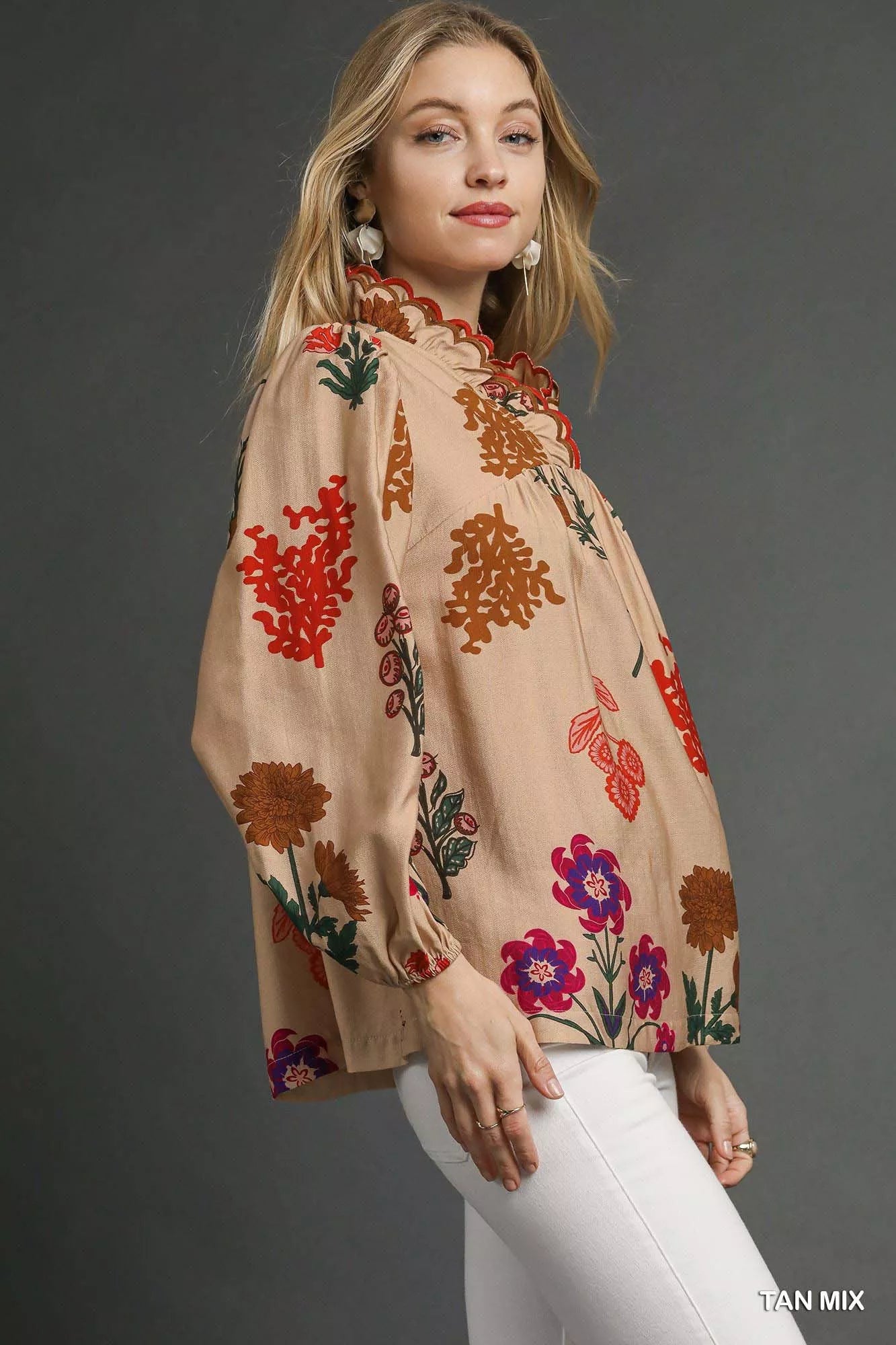 Umgee Flower Print Blouse with Scalloped Neckline on Simply Obsessed
