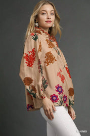 Umgee Flower Print Blouse with Scalloped Neckline on Simply Obsessed