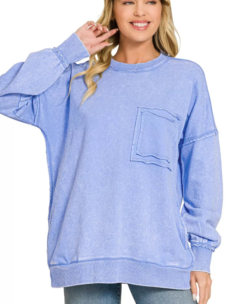 ZENANA Acid Wash Raw Edge French Terry Sweatshirt with Front Pocket on Simply Obsessed