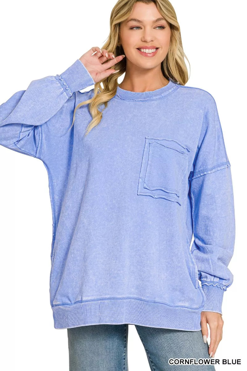 ZENANA Acid Wash Raw Edge French Terry Sweatshirt with Front Pocket on Simply Obsessed