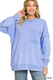 ZENANA Acid Wash Raw Edge French Terry Sweatshirt with Front Pocket on Simply Obsessed