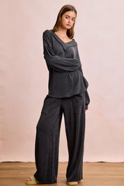 BIBI Two Tone Cord Rib Contrast Stitching V-Neck Top and Pants Set on Simply Obsessed