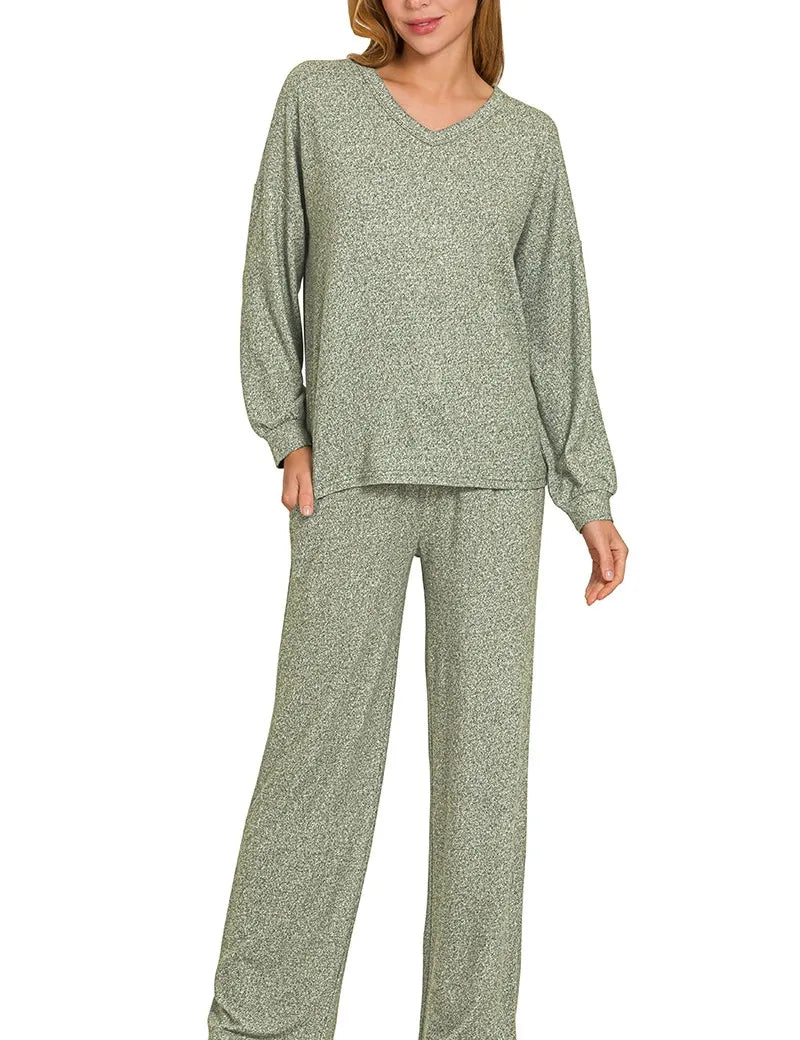 ZENANA Soft Melange Long Sleeve Tee & Pants Set on Simply Obsessed