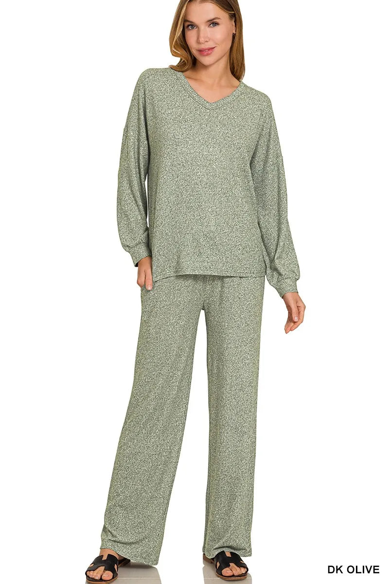 ZENANA Soft Melange Long Sleeve Tee & Pants Set on Simply Obsessed