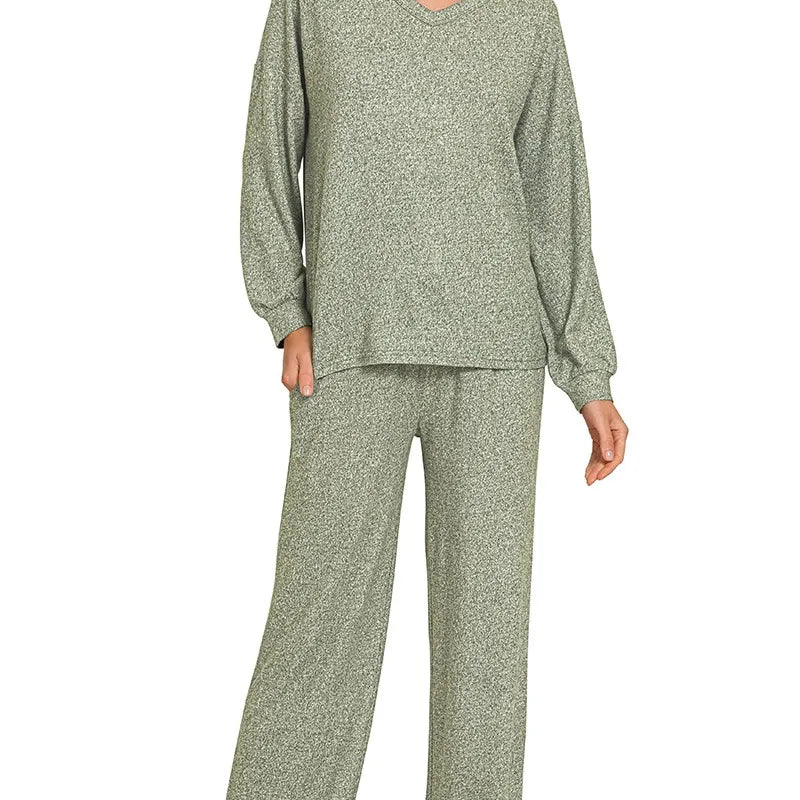 ZENANA Soft Melange Long Sleeve Tee & Pants Set on Simply Obsessed