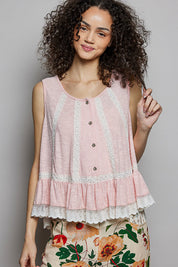 POL Lace Trim Ruffle Hem Button Detail Round Neck Sleeveless Top on Simply Obsessed