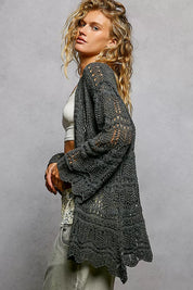 POL Openwork Lightweight Open Front Cardigan with Scalloped Edge on Simply Obsessed