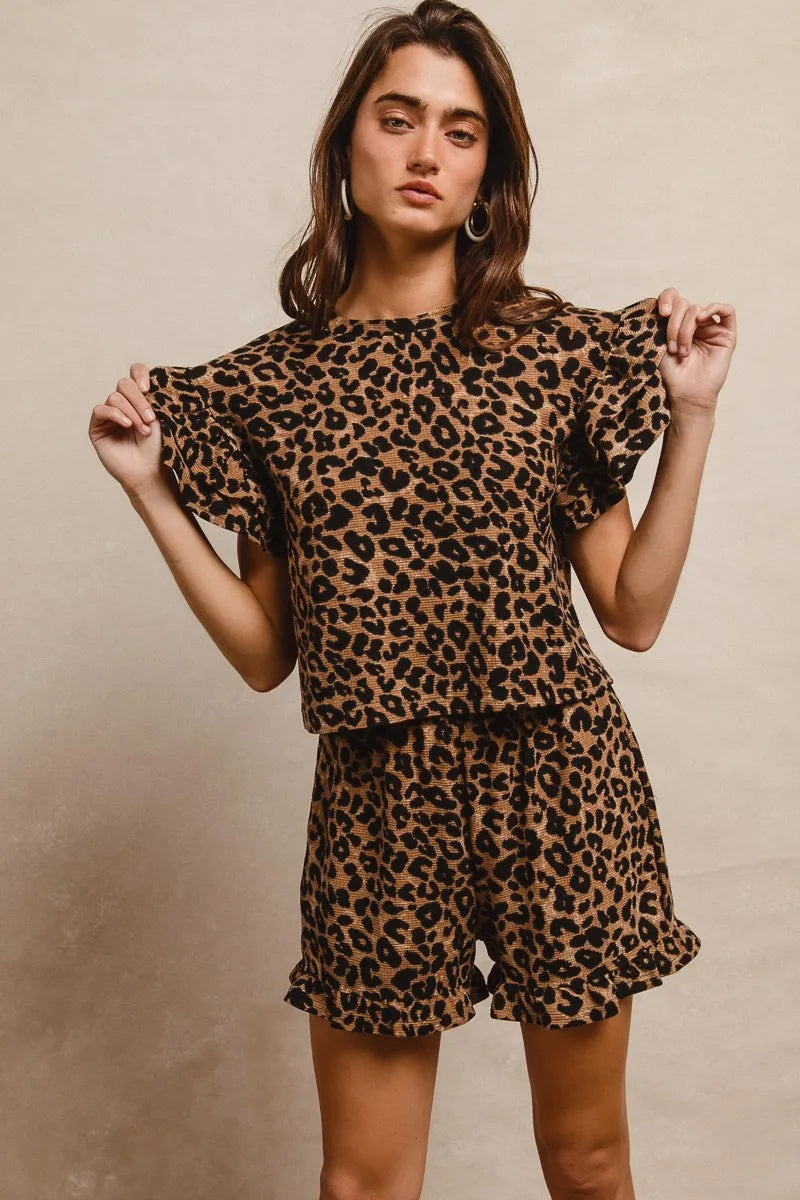 BIBI Leopard Print Waffle Texture Layered Ruffle Sleeve Top and Shorts Set on Simply Obsessed