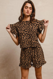 BIBI Leopard Print Waffle Texture Layered Ruffle Sleeve Top and Shorts Set on Simply Obsessed
