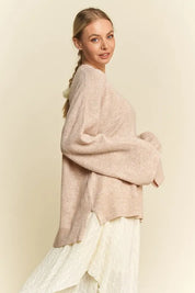 DAVI & DANI High-Low Round Neck Drop Shoulder Sweater on Simply Obsessed