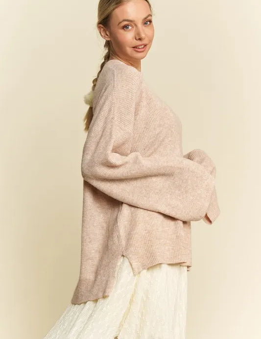 DAVI & DANI High-Low Round Neck Drop Shoulder Sweater on Simply Obsessed