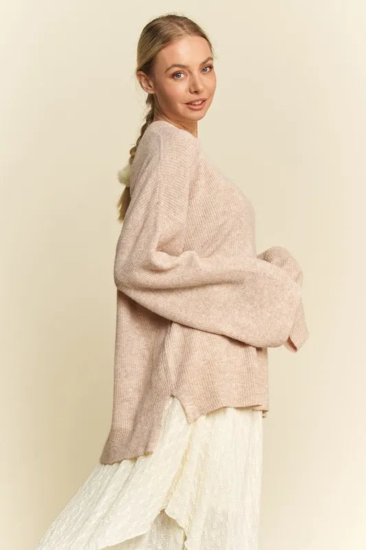 DAVI & DANI High-Low Round Neck Drop Shoulder Sweater on Simply Obsessed