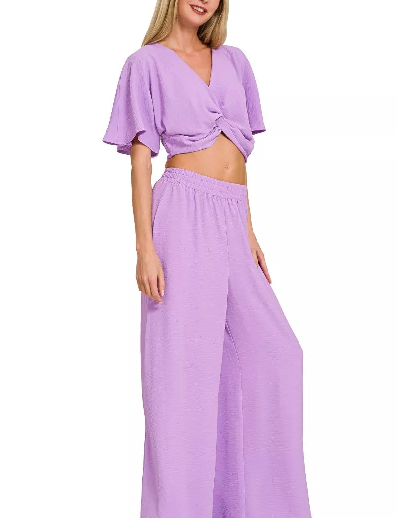 ZENANA Woven Airflow Twisted Top & Wide Leg Pants Set on Simply Obsessed