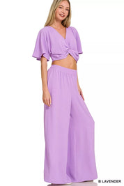 ZENANA Woven Airflow Twisted Top & Wide Leg Pants Set on Simply Obsessed