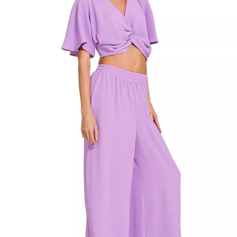 ZENANA Woven Airflow Twisted Top & Wide Leg Pants Set on Simply Obsessed