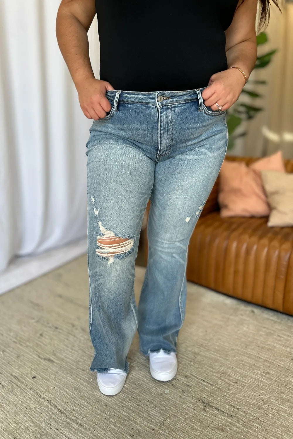 JUDY BLUE Full Size Medium Rise Tummy Control Destroy Flare on Simply Obsessed
