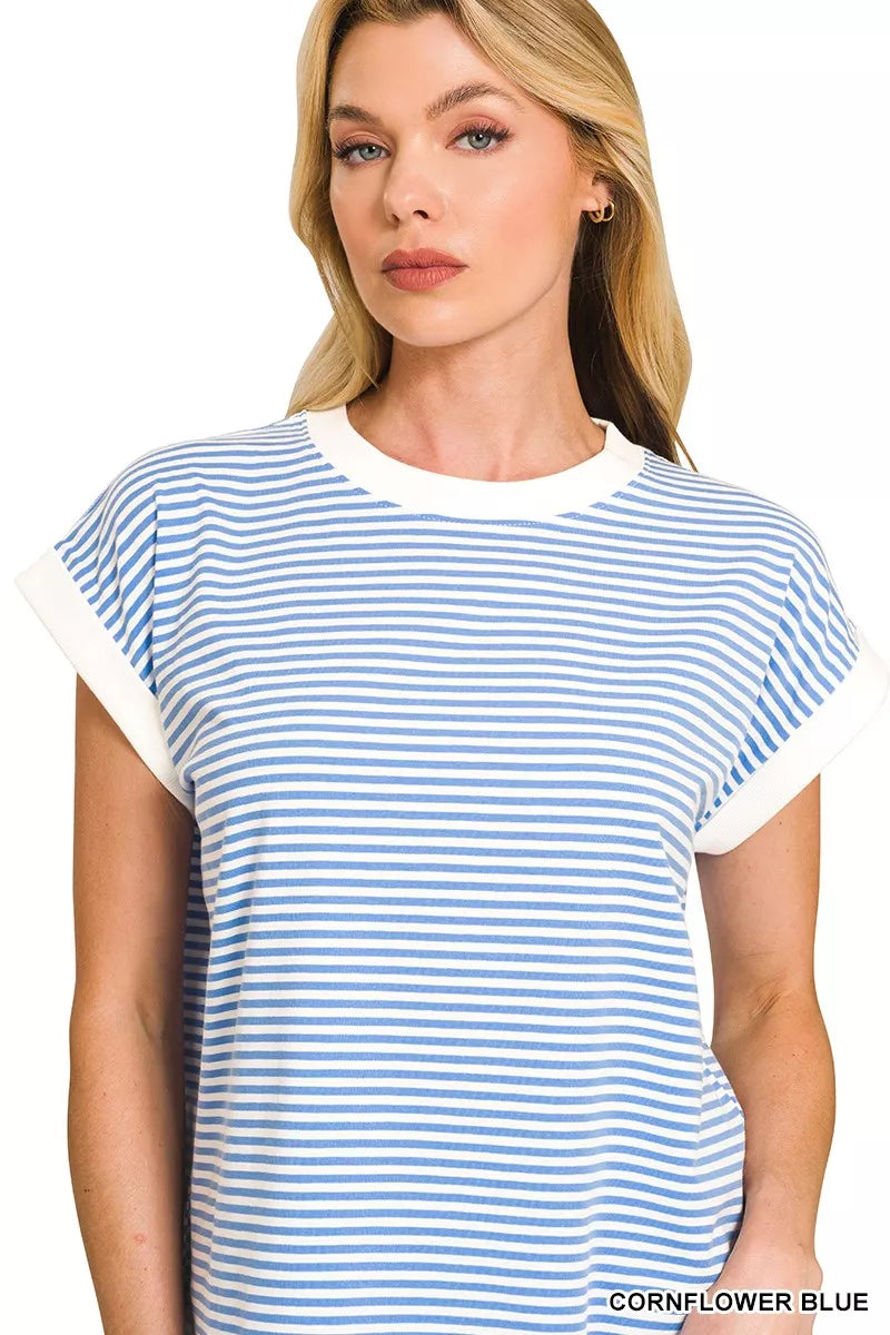 ZENANA Striped Round Neck Short Sleeve Contrast Trim T-Shirt on Simply Obsessed