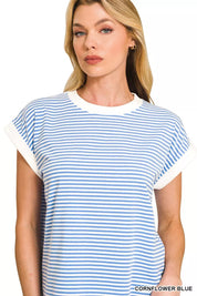 ZENANA Striped Round Neck Short Sleeve Contrast Trim T-Shirt on Simply Obsessed