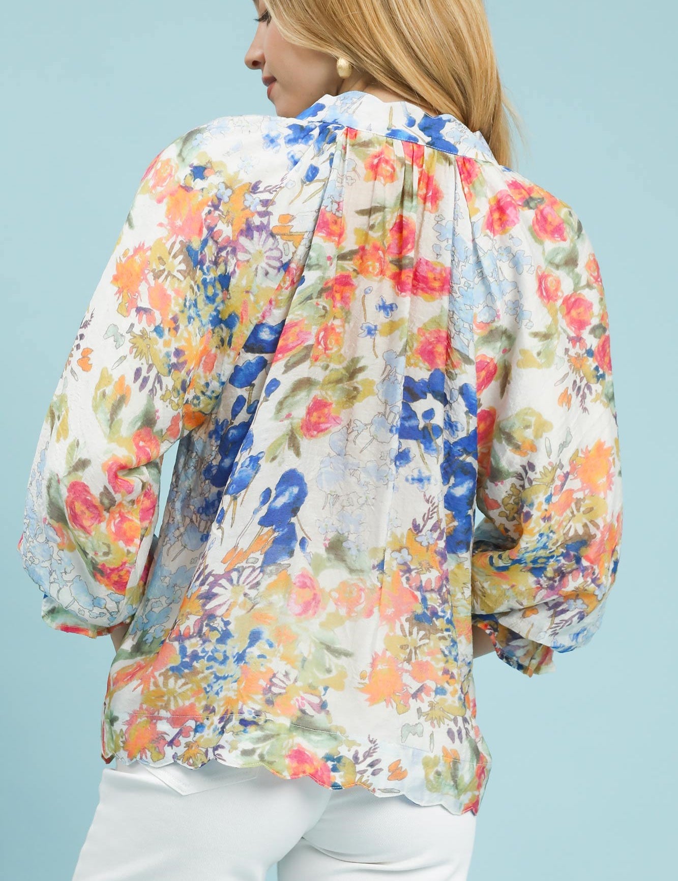 UMGEE Watercolor Floral Blouse with Flounce Sleeve on Simply Obsessed