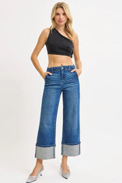 RISEN High Rise Ankle Wide Rhine Stone Cuffed Jeans on Simply Obsessed