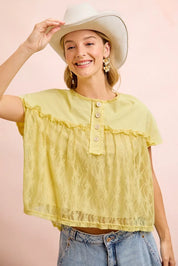BIBI Solid Jersey With Lace Combo Ruffled Buttoned Top on Simply Obsessed