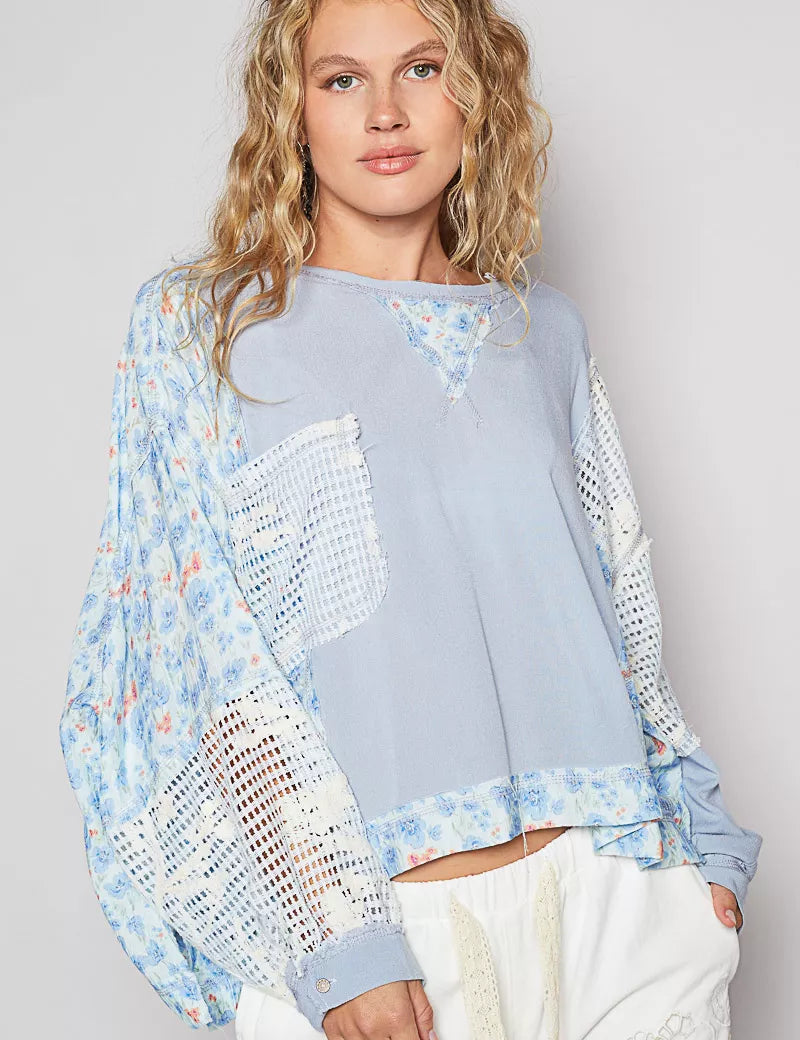 POL Round Neck Cropped Gauze Floral Pattern Top with Overlock Stitch Detail on Simply Obsessed