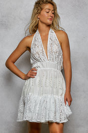 POL Halter Lace Patch Ruffle Mini Dress with Adjustable Tie on Back **SALE** on Simply Obsessed
