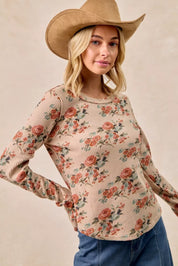 BIBI Floral Print Washed Waffle Thermal Top with Thumb on Simply Obsessed