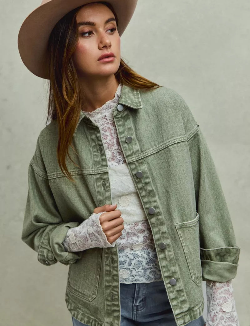 SO ME Vintage Washed Button Twill Shacket on Simply Obsessed