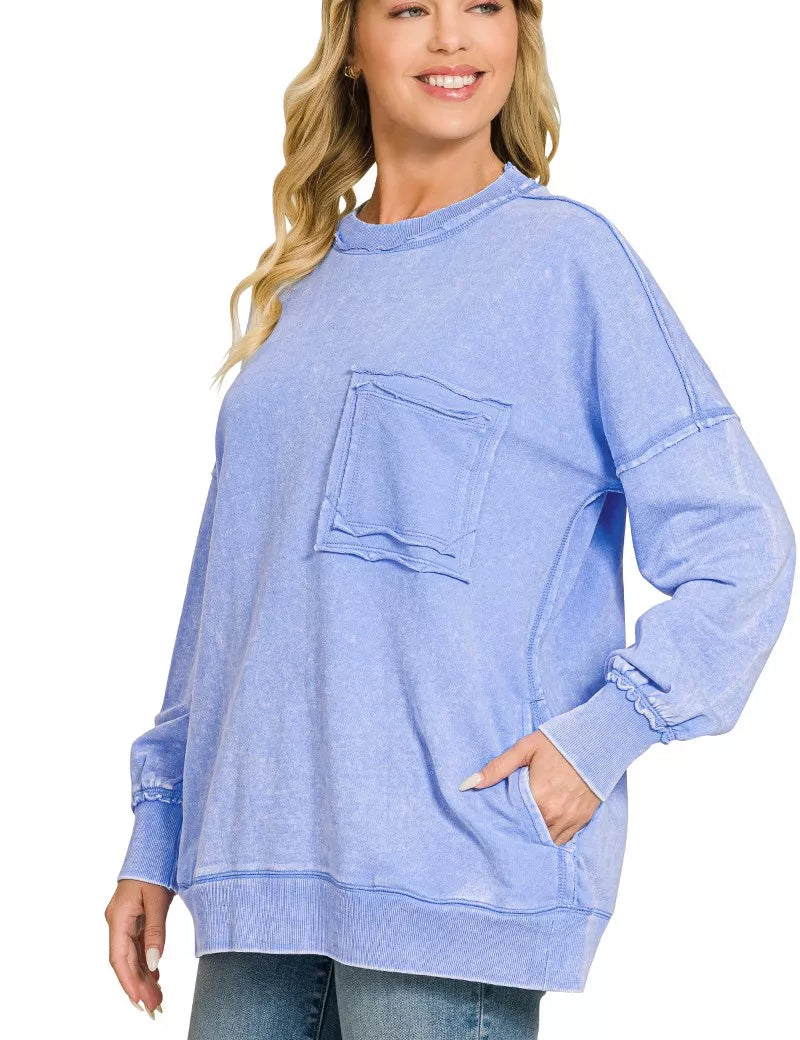 ZENANA Acid Wash Raw Edge French Terry Sweatshirt with Front Pocket on Simply Obsessed