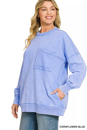 ZENANA Acid Wash Raw Edge French Terry Sweatshirt with Front Pocket on Simply Obsessed