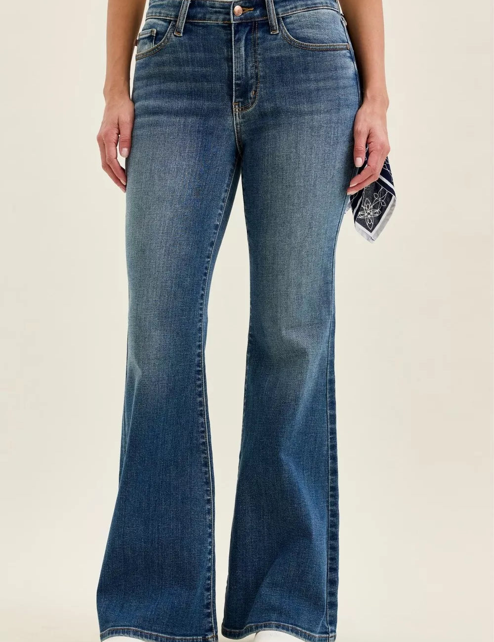 JUDY BLUE Mid Rise Jaqueline Flare with Triple Needle Back Pkts and Bandana Loop on Simply Obsessed