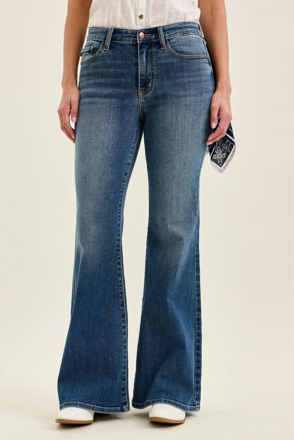 JUDY BLUE Mid Rise Jaqueline Flare with Triple Needle Back Pkts and Bandana Loop on Simply Obsessed