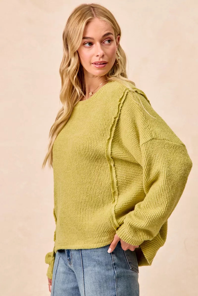 BIBI Boucle Rib Knit Uneven Hem Sweater With Open Seam on Simply Obsessed