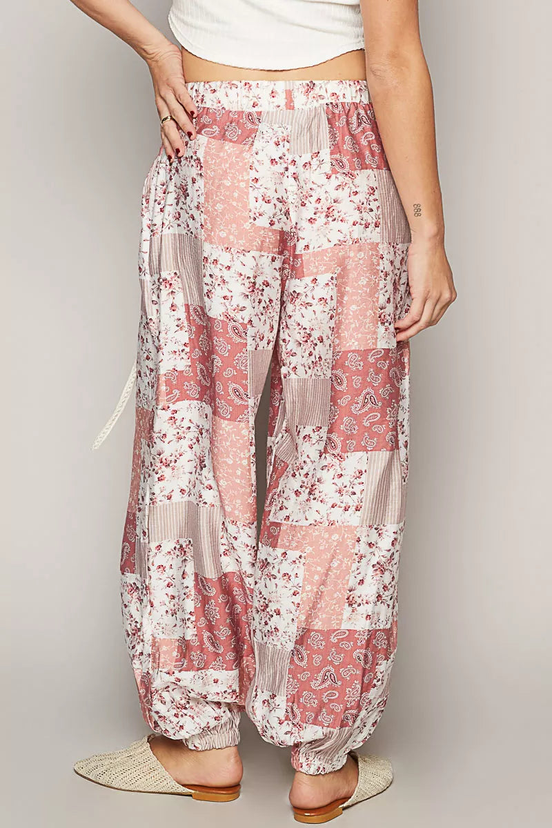 POL Drawstring Floral Patchwork Wide leg Pants on Simply Obsessed