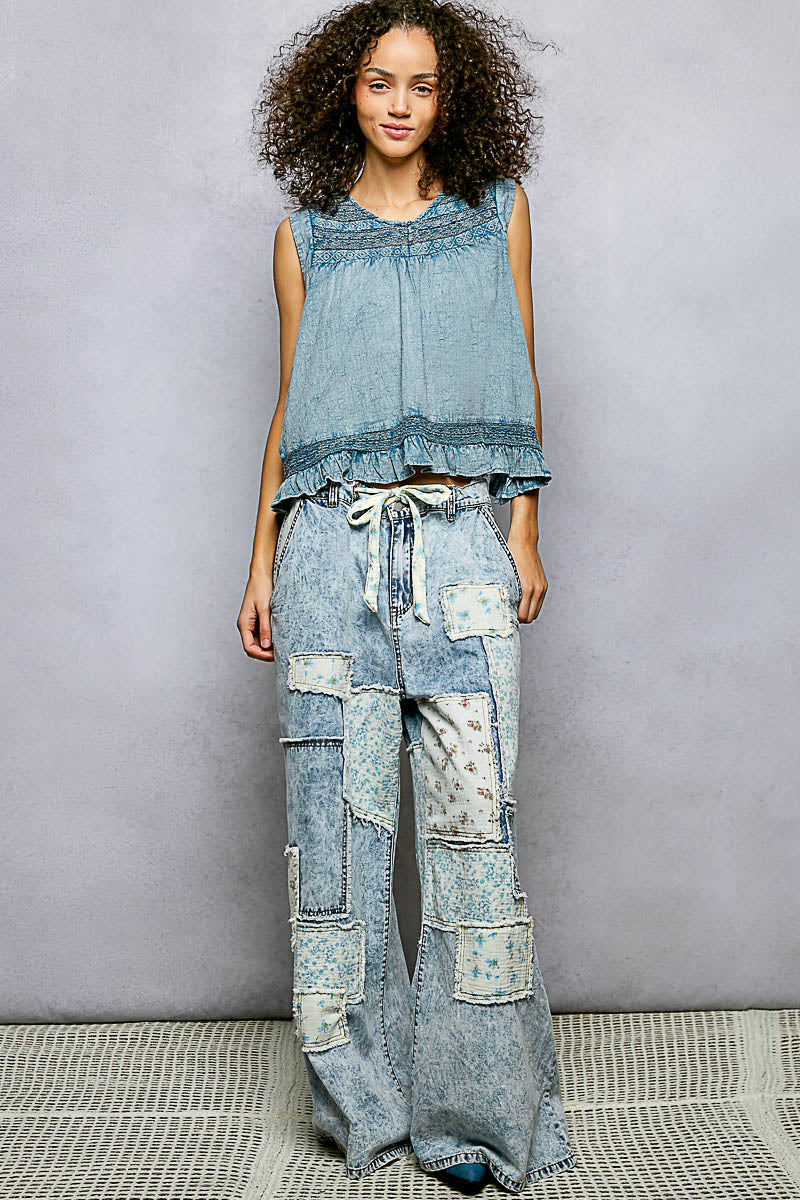 POL Button Closure on Back Ruffled Sleeveless Cotton Blouse with Trim Detail on Simply Obsessed