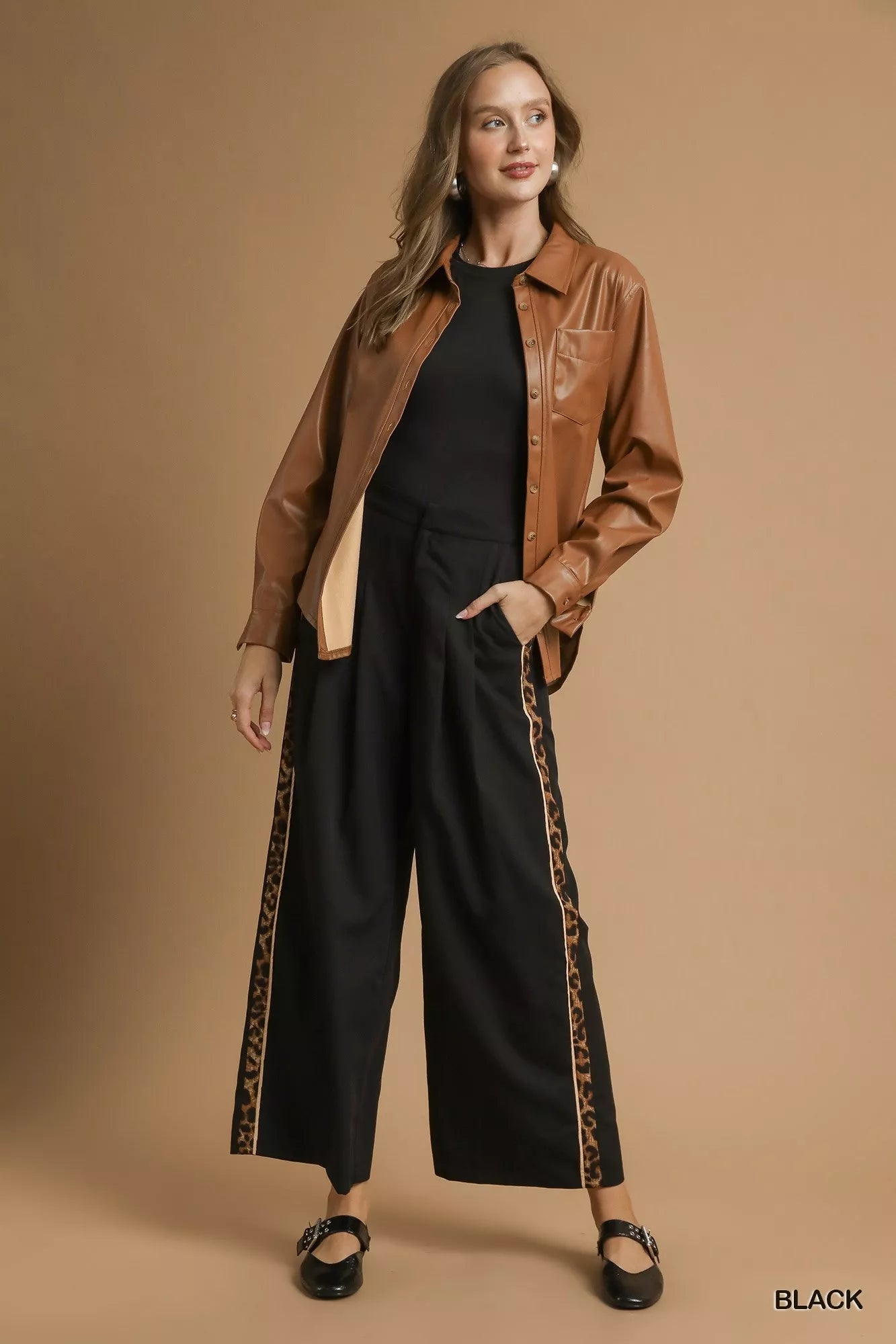 Umgee Front Pleated Wide-Leg Pants with Contrast Trim on Simply Obsessed