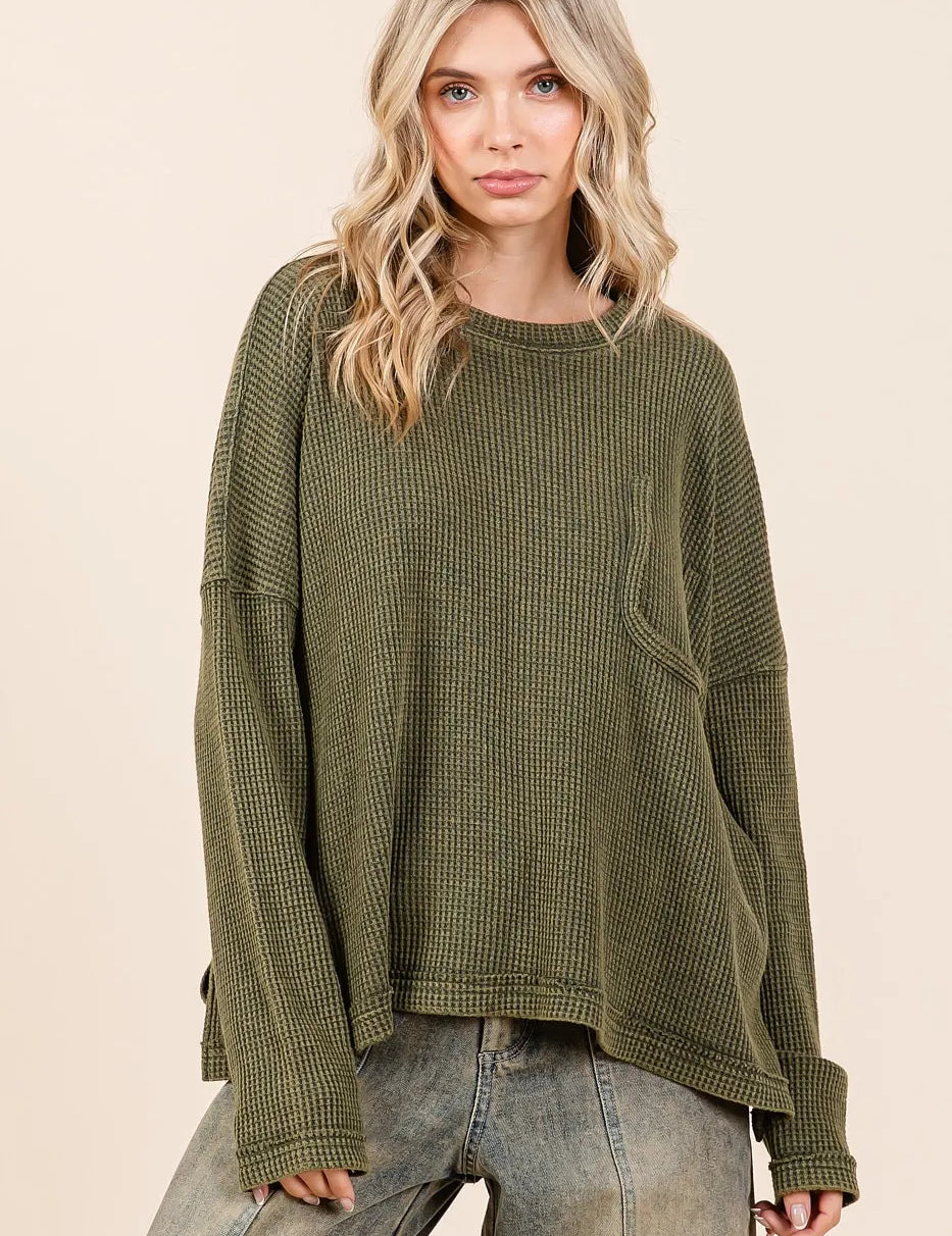 MITTOSHOP Mineral Wash Cutout Pocket Long Sleeve Waffle Top on Simply Obsessed
