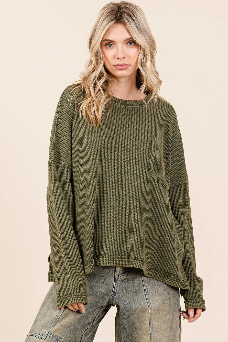 MITTOSHOP Mineral Wash Cutout Pocket Long Sleeve Waffle Top on Simply Obsessed
