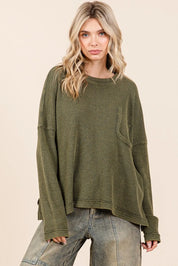 MITTOSHOP Mineral Wash Cutout Pocket Long Sleeve Waffle Top on Simply Obsessed