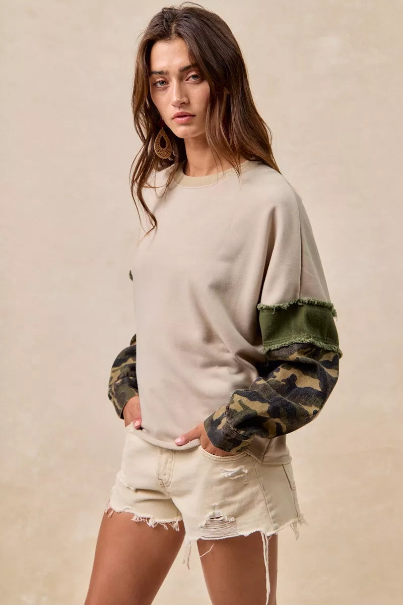 BiBi Camo Sleeve French Terry Top with Frayed Edge on Simply Obsessed
