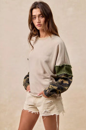 BiBi Camo Sleeve French Terry Top with Frayed Edge on Simply Obsessed