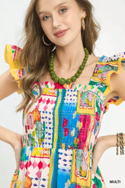 UMGEE Abstract Print Smocked Ruffle Sleeve Tiered Midi Dress on Simply Obsessed