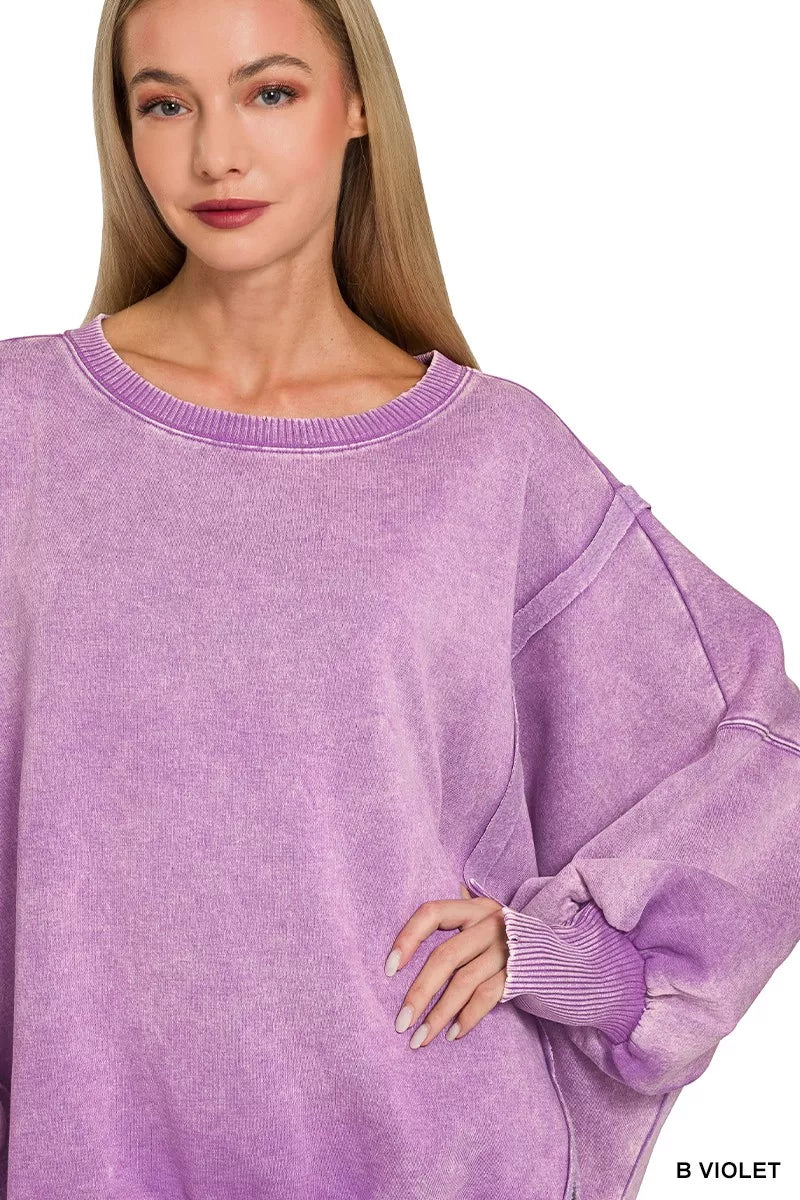 ZENANA Acid Washed Batwing Sleeve Fleece Sweatshirt on Simply Obsessed
