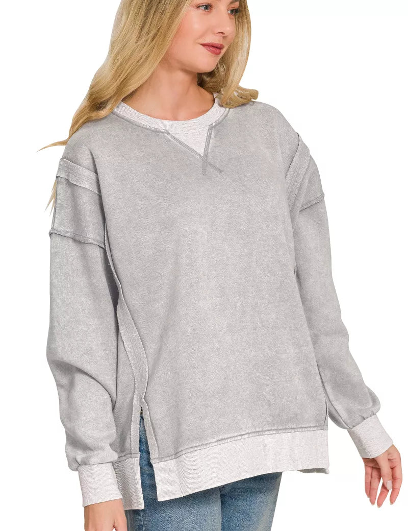 ZENANA Fleece Acid Washed Contrast Trim Pullover **FALL DEBUT SALE** on Simply Obsessed