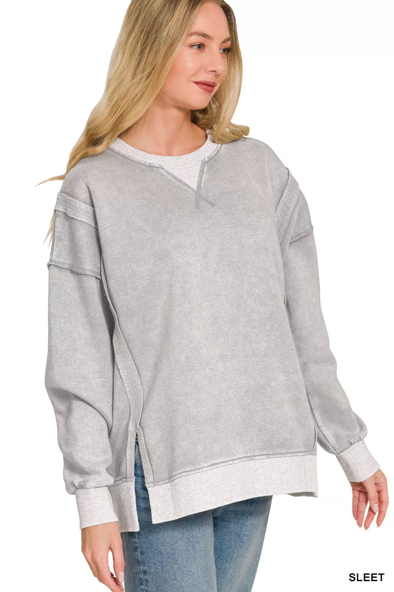 ZENANA Fleece Acid Washed Contrast Trim Pullover **FALL DEBUT SALE** on Simply Obsessed