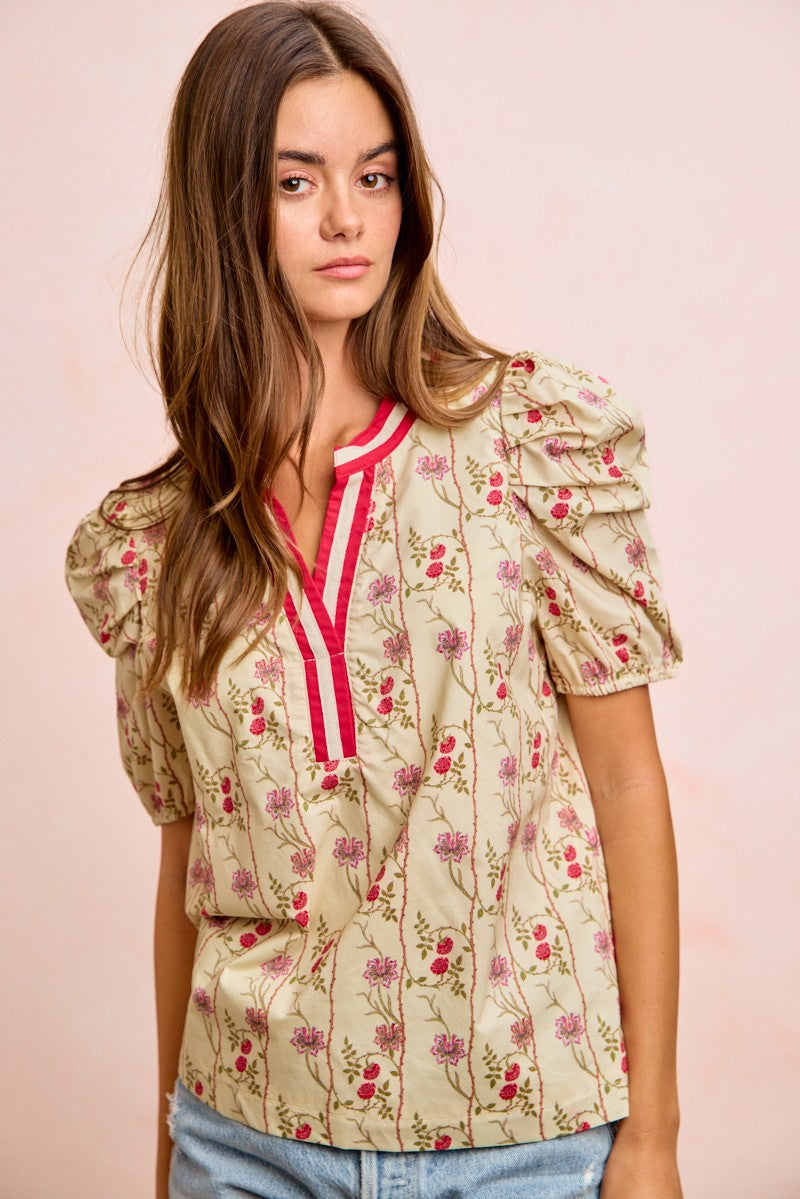 BIBI Floral Gather Sleeves Contrast Neckband Blouse Top on Simply Obsessed