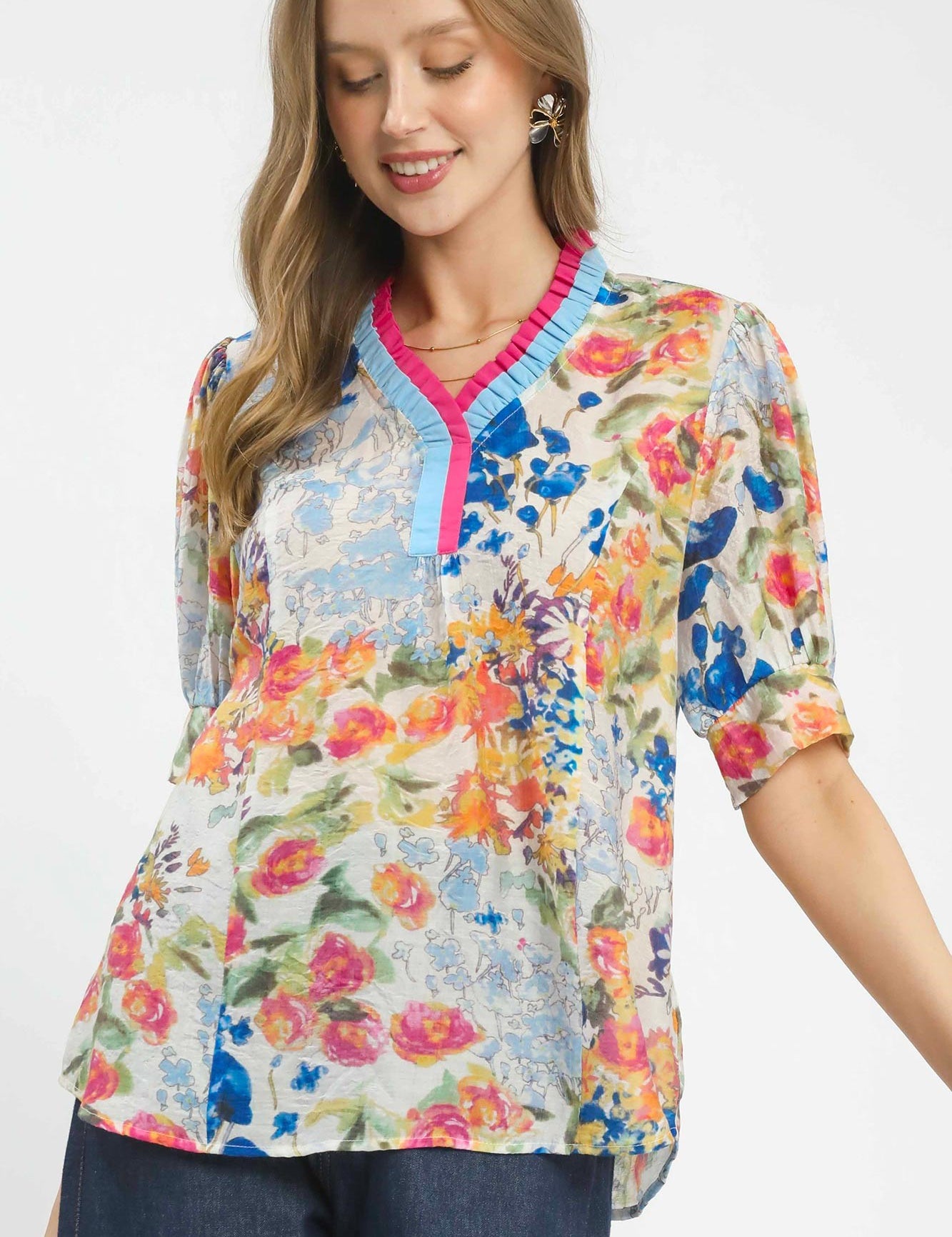 UMGEE Floral Contrast Pleat Neck Top **DEBUT SALE** on Simply Obsessed