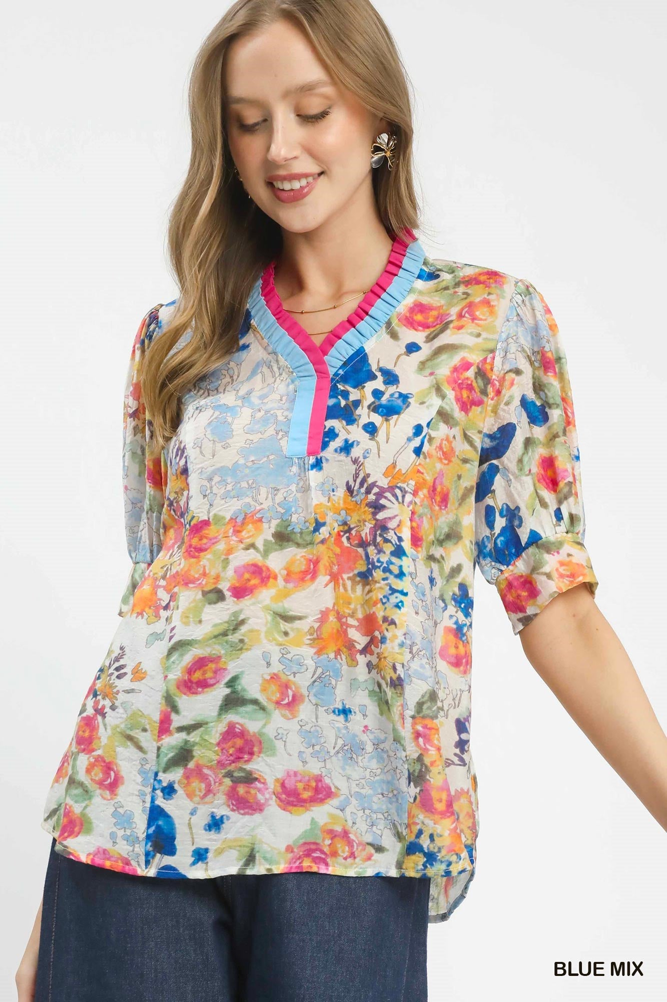 UMGEE Floral Contrast Pleat Neck Top **DEBUT SALE** on Simply Obsessed