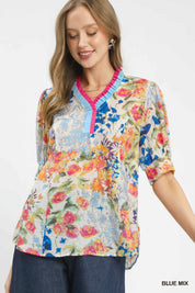 UMGEE Floral Contrast Pleat Neck Top **DEBUT SALE** on Simply Obsessed